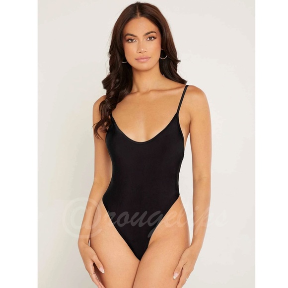Black Cami Bodysuit Backless High Hip Scoop Neck - Picture 1 of 6